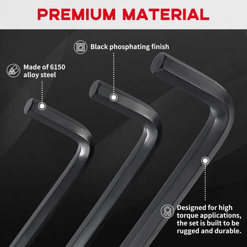 Reniteco 30 PCS Hex Head Key Allen Wrench Tool Set Organizer Kit Alloy Steel L Shape Black Metric (0.7-10 mm) SAE (0.028"-3/8") Standard In Storage Case Long Short Arm - Image 4